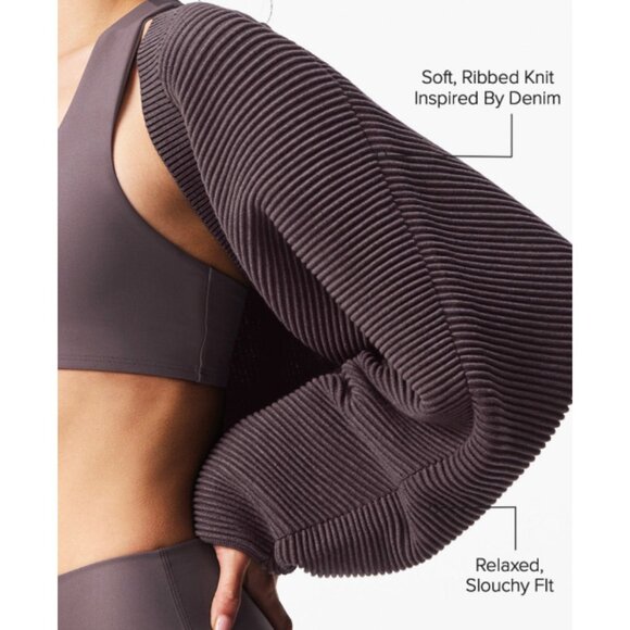 Alo Denim Knit Shawl Raisinette Oversized Relaxed Cropped Sweater Shrug Bolero - Picture 5 of 16